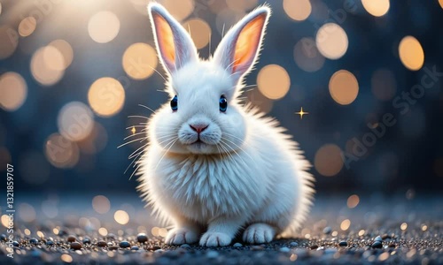 Adorable fluffy white rabbit with sparkling blue eyes sitting in a dreamy glowing atmosphere filled with magical bokeh lights. 