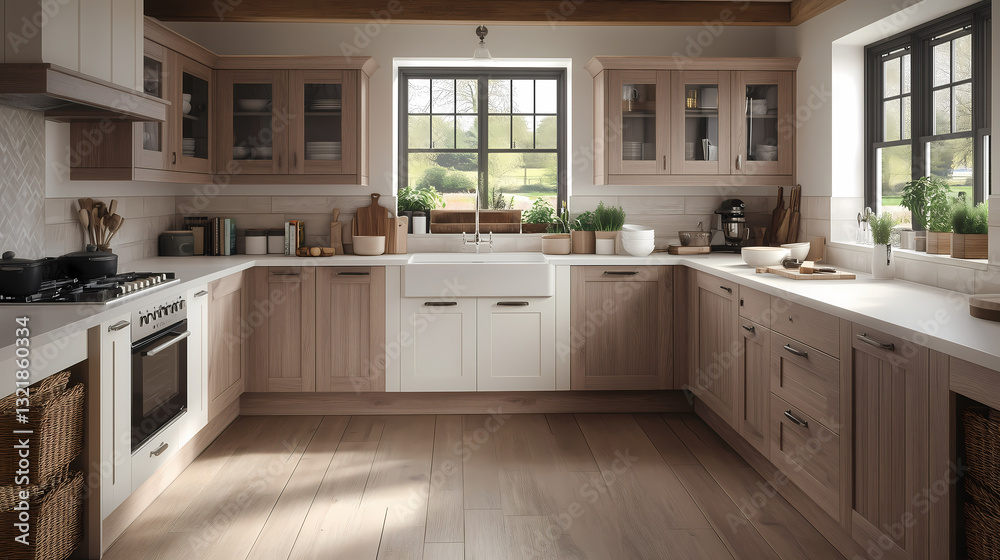 Modern Scandinavian farmhouse kitchen with a blend of white and light wood cabinets, woven baskets, and a farmhouse sink Modern Scandinavian farmhouse kitchen with a blend of white and light wood cabinets, woven baskets, and a farmhouse sink