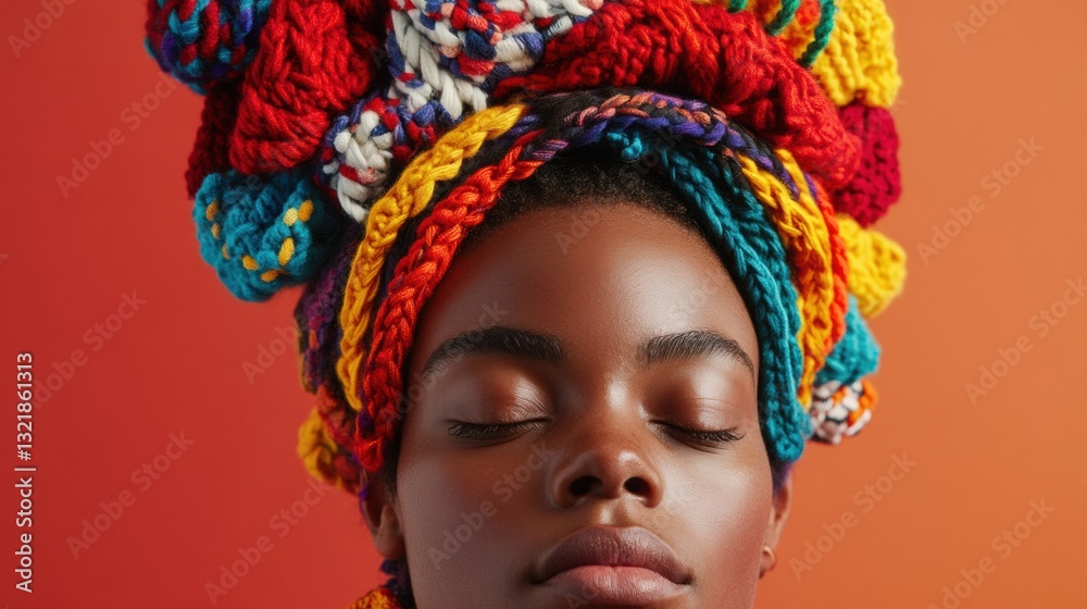 Obraz premium Vibrant Cultural Expression Empowered Gen Z Wellness Portrait with Afrocentric Knitted Headwear - Mindful Creativity and Authentic Self-Celebration in Bold Color Narrative