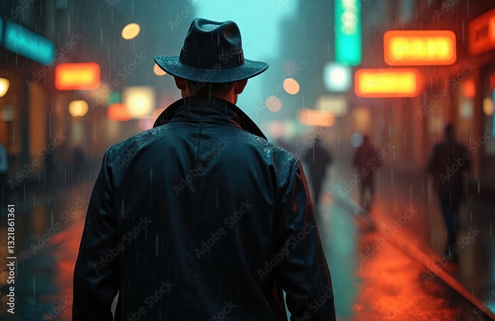 Man detective in black raincoat, hat walking on rainy street in a futuristic city at night. Neon lighting, cinematic style, dark mood. AI generated image. Mystery, investigation, noir themes. Man detective in black raincoat, hat walking on rainy street in a futuristic city at night. Neon lighting, cinematic style, dark mood. AI generated image. Mystery, investigation, noir themes.