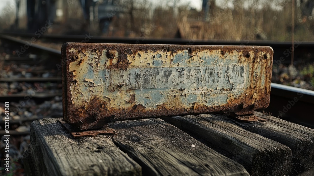 Decayed rusty sign on old wooden railroad tracks outdoors Decayed rusty sign on old wooden railroad tracks outdoors