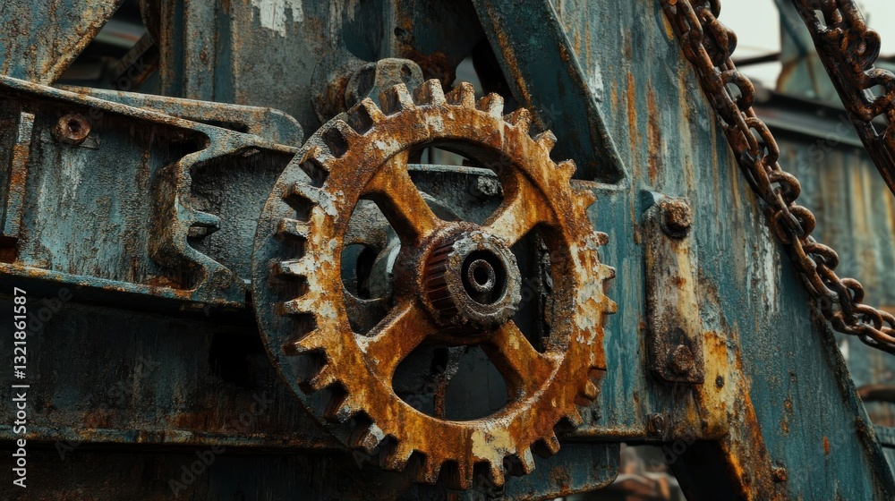 An aged rusty gear attached to a deteriorated industrial mechanism An aged rusty gear attached to a deteriorated industrial mechanism