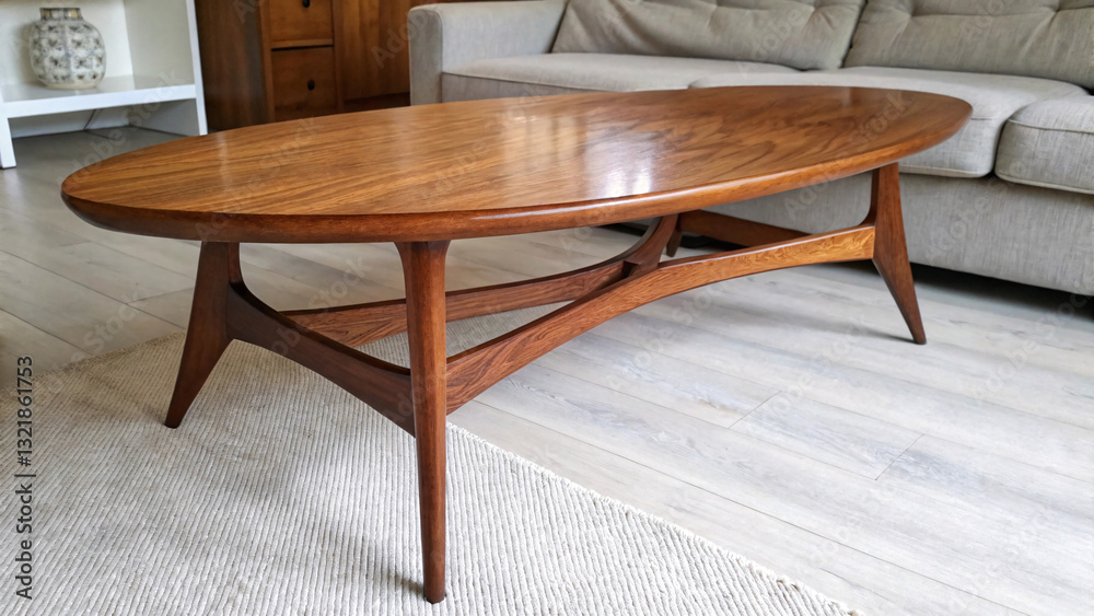 Mid-Century Modern Wooden Coffee Table with Angled Legs and Curved Cross-Brace Mid-Century Modern Wooden Coffee Table with Angled Legs and Curved Cross-Brace