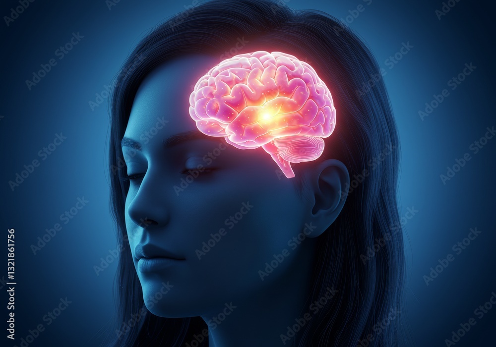 Obraz premium A woman with a glowing brain inside her head, symbolizing intelligence and thought.