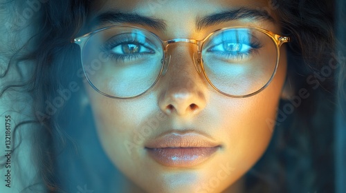 Portrait of a Woman Wearing Glasses, Illuminated by Soft Blue and Warm Light