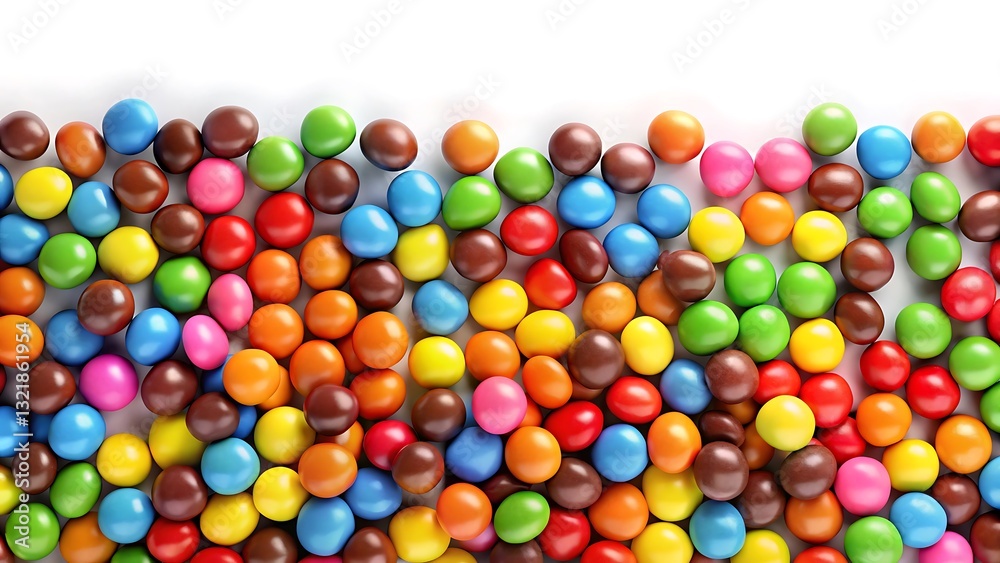 Obraz premium wide border of colorful coated chocolate candies on white background. 3d rendering