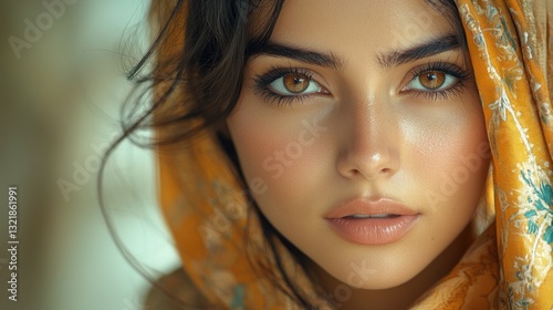 Close-up Portrait of a Woman with Brown Eyes and Golden Headscarf