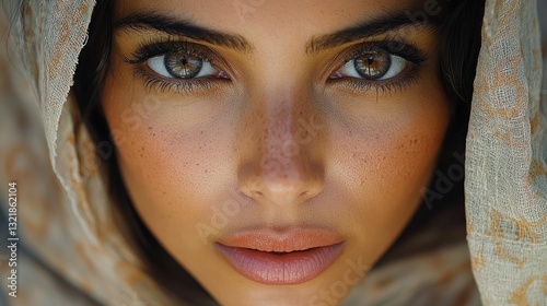 Close-up Portrait of a Woman with Freckles, Wearing a Scarf