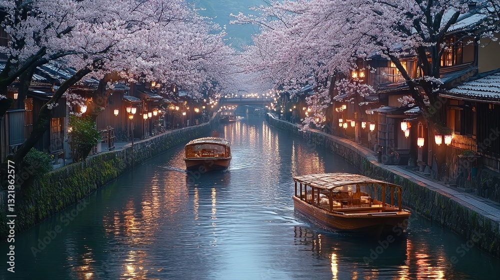 Obraz premium Cherry blossom-lined canals in Kyoto, Japan delicate pink petals reflect on the still water as traditional wooden boats glide peacefully through the narrow canal.
