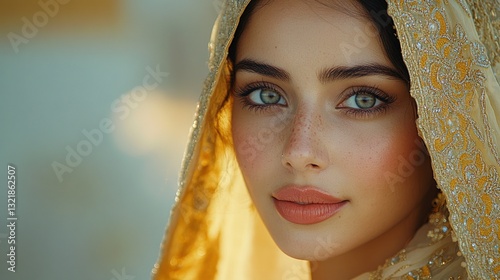 Golden Hour Beauty: A Portrait of a Woman in a Golden Veil