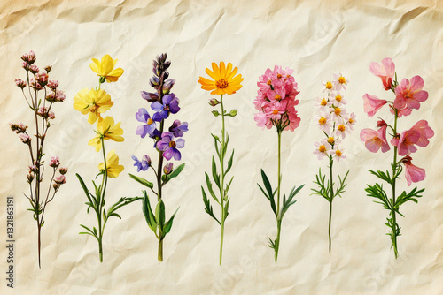 A botanical Herbarium illustration featuring Common Heather, Cowslip, Oxeye Daisy, Wild Thyme, Fireweed and Lupine, isolated on an old paper background with soft pastel muted colors, evoking a natural