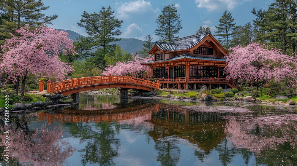 Japanese House with Cherry Blossoms and Red Bridge Japanese House with Cherry Blossoms and Red Bridge