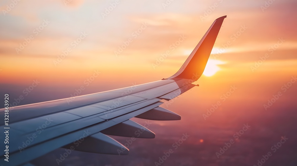 Obraz premium Vibrant Sunset Viewed from Airplane Window with Wing Silhouette