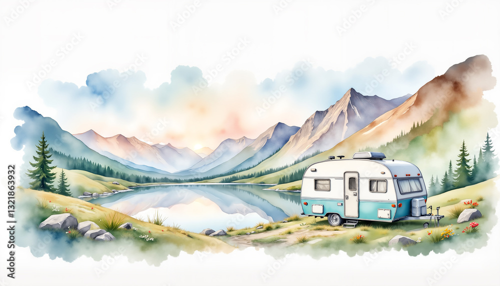 Watercolor illustration of a camper van parked by a mountain lake, peaceful reflections on the water, soft natural colors, summer tourism day