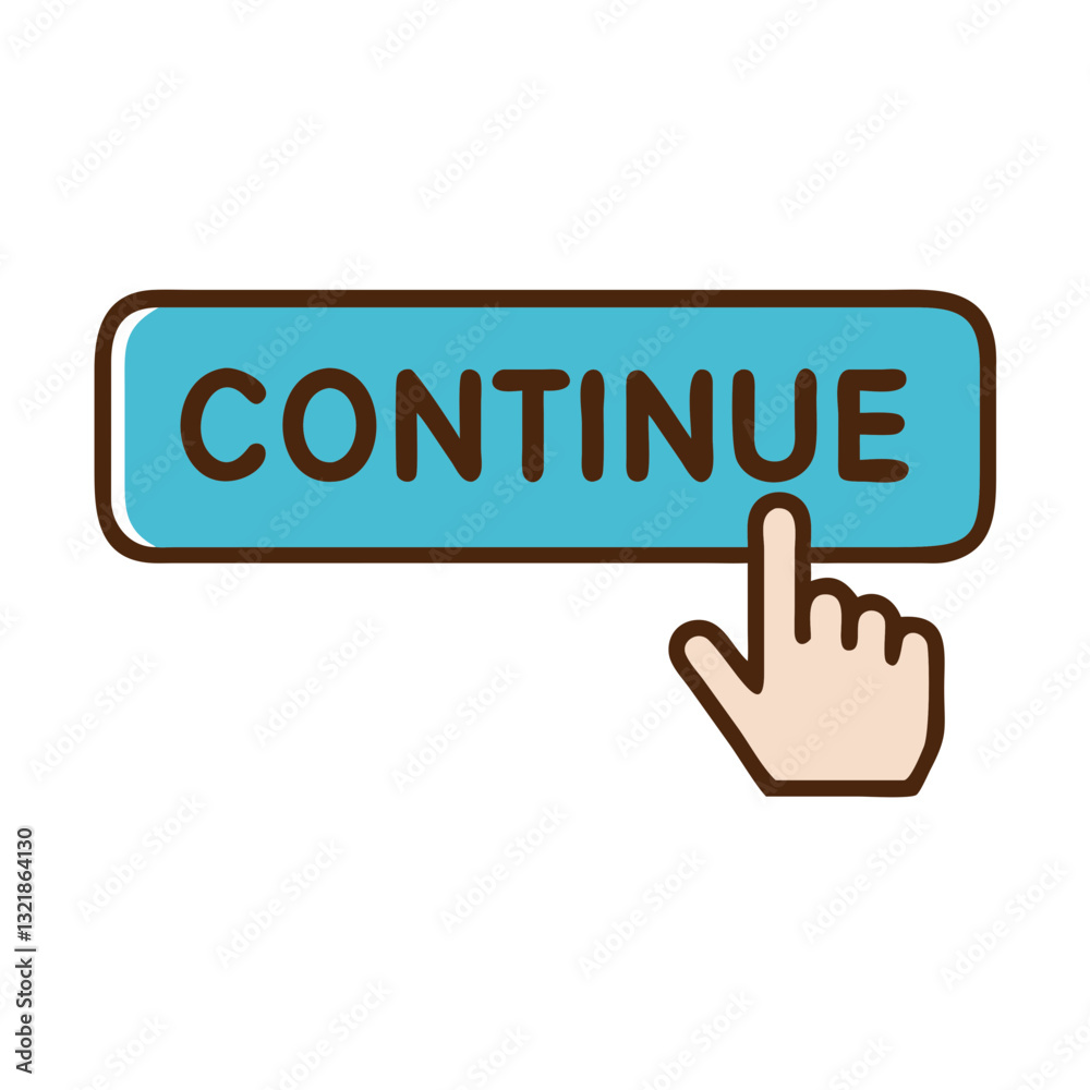 Continue button icon with finger pointing, interaction concept Continue button icon with finger pointing, interaction concept