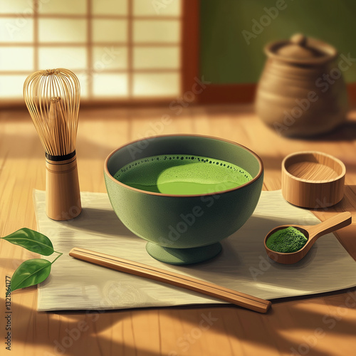A bowl of matcha sits on a wooden table, next to a whisk and small bowl of powder.