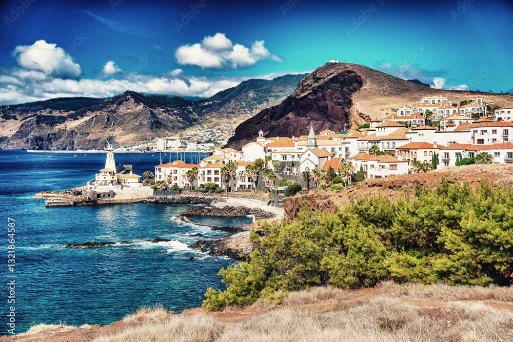 Small town along the coastline near Sao Lourenco in Madeira, Portugal