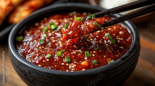  Fiery gochujang sauce in a small black dish, a thick, deep red Korean chili paste with a glossy texture and a spicy-sweet aroma.
