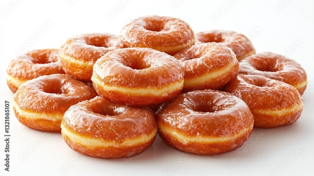 Glazed donuts stacked high with extra icing, a pile of freshly baked, golden-brown donuts coated in a glossy, sugary glaze, tempting with their sweet aroma. Glazed donuts stacked high with extra icing, a pile of freshly baked, golden-brown donuts coated in a glossy, sugary glaze, tempting with their sweet aroma.