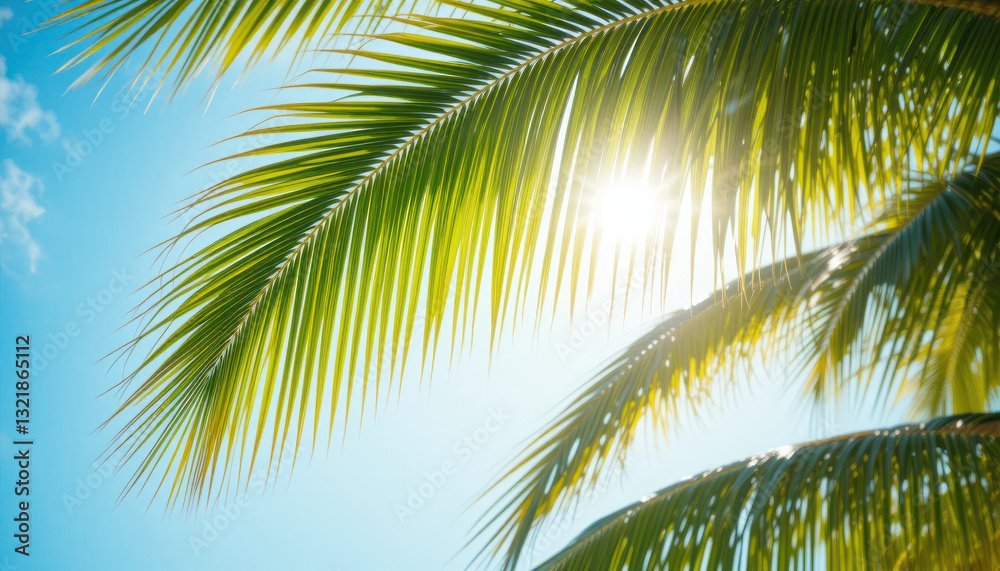 Fototapeta premium Tropical palm fronds, sunlight filtering through leaves, vibrant green palm leaves