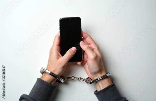 Men hands handcuffed to smartphone on white. Concept of gadget addiction. Phone dependence, unhealthy lifestyle. Mobile device enslavement. Social media overuse. Digital detox needed. Dependence on