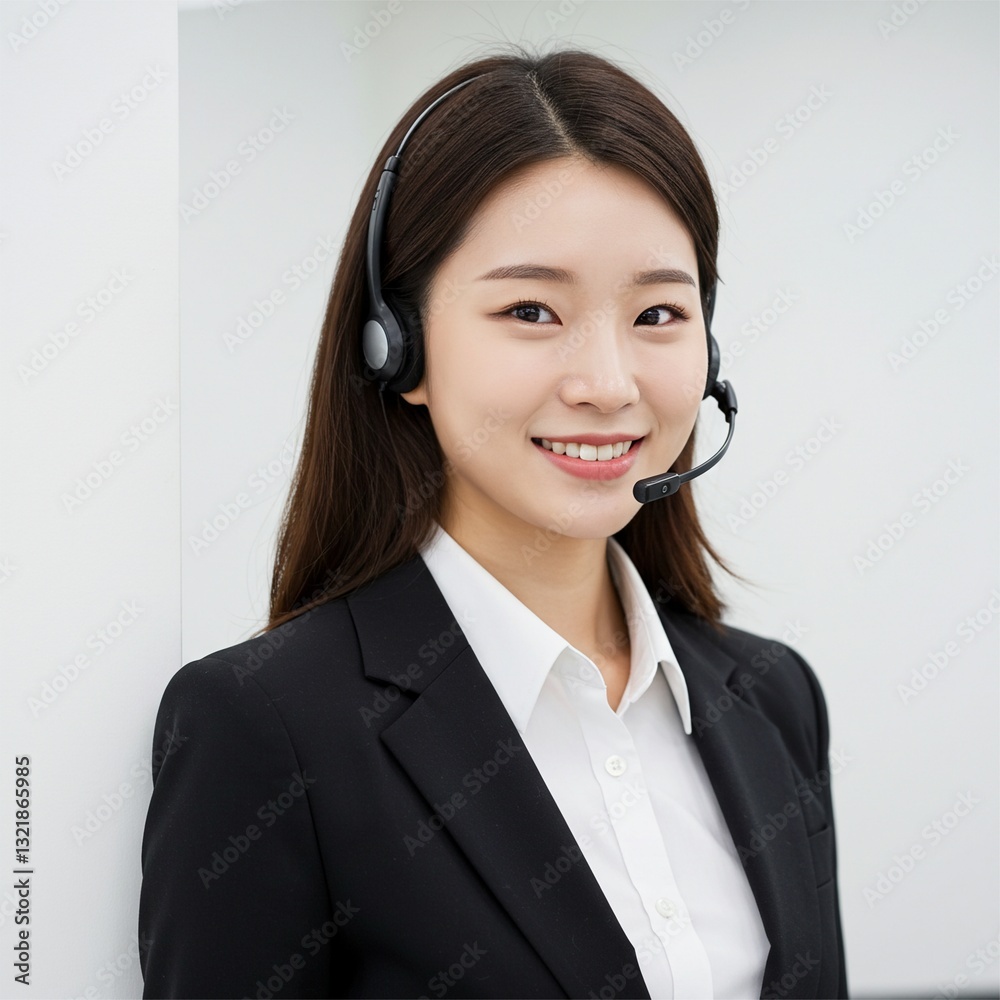 Beautiful young Asian woman using microphone as Customer service or public service operator in company Beautiful young Asian woman using microphone as Customer service or public service operator in company