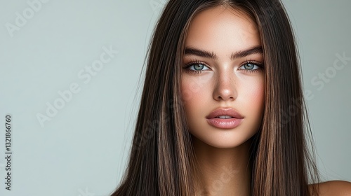  Long straight hair with a center part ultra-smooth, silky strands falling evenly on both sides of the face, sleek and polished.