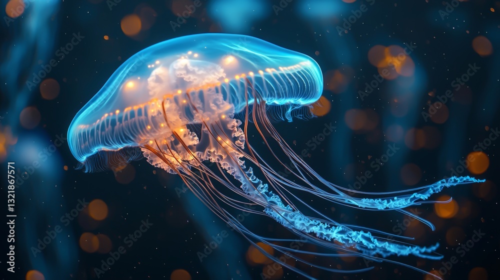 Naklejka premium Glowing jellyfish drifting gracefully in the deep ocean environment