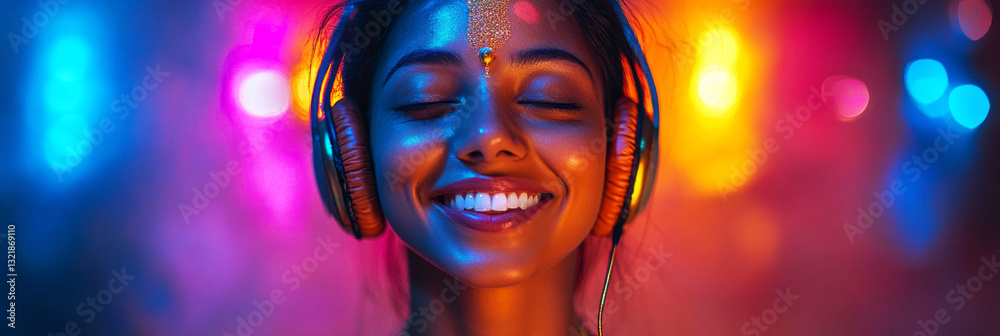 High-tech style Indian girl with headphones, vibrant neon background, concept of music or online learning, ideal for modern mock-up, banner