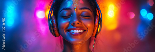 Obraz na płótnie High-tech style Indian girl with headphones, vibrant neon background, concept of music or online learning, ideal for modern mock-up, banner w salonie