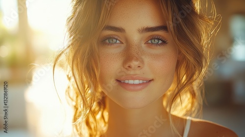 Golden Hour Beauty: Portrait of a Freckled Woman with a Warm Smile