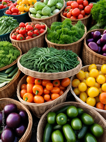 Early morning farmers' market with baskets of colorful vegetables, a sense of newness and vitality in daily life