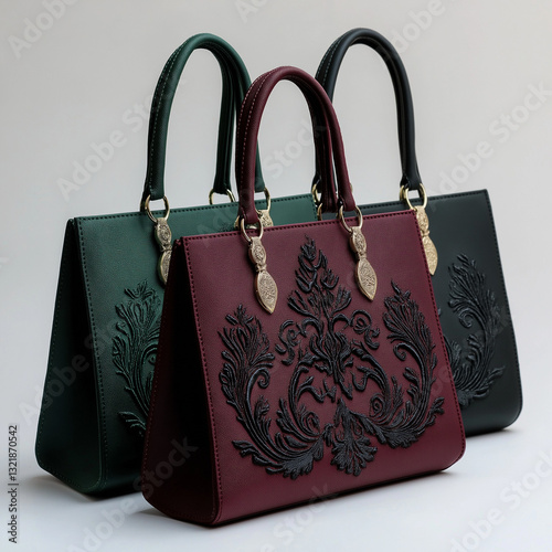 Three elegant handbags in burgundy, dark green, and black, adorned with intricate floral embroidery.