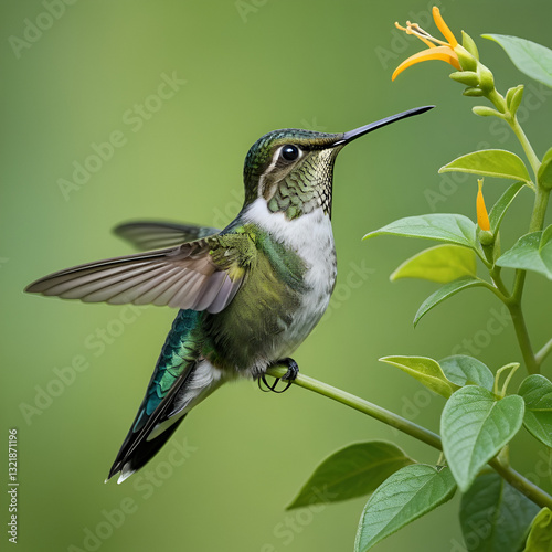 hummingbird perched daintily on a slender vine, the surrounding greenery rendered in stunning detail photo