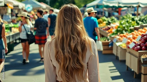 Woman Walking Through a Bustling Farmer's Market
