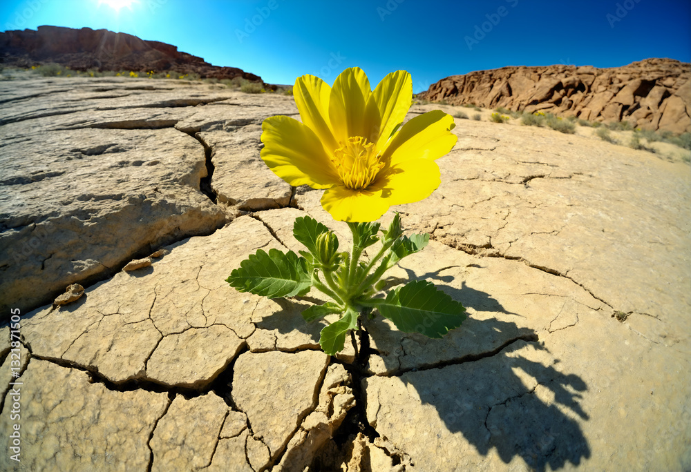 Lonely yellow flower growing on dried cracked soil. Climate change. Generative