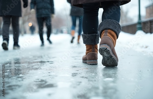 Pedestrians walk on icy city sidewalk. Winter weather with dangerous ice covered footpaths. Slippery conditions increase risk of falls, injuries. People wear boots on snow and ice covered streets.