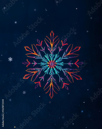 Vibrant snowflake bursts to life in a winter wonderland of colorful frost against a dark night sky