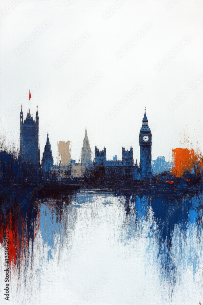 Fototapeta premium Impressionist painting of London skyline featuring Big Ben and Houses of Parliament
