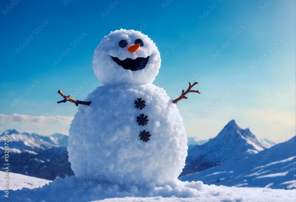 Funny snowman in winter mountain scenery. Merry christmas and happy new year.
