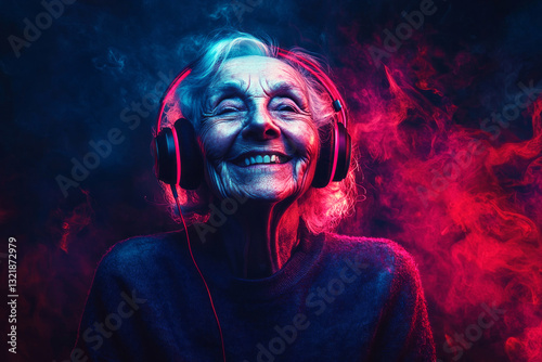 A portrait of a smiling European elderly woman with headphones, set against a bright futuristic neon background, embodying the joy of music or learning with a modern and upbeat vibe