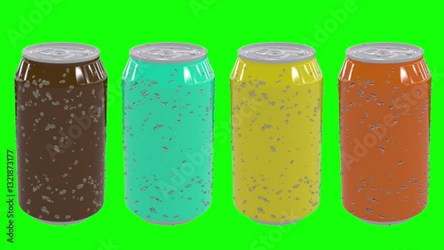 Tin Can with Water Drops in Brown, Teal, Yellow, and Orange Rotating on Green Background – 3D Motion, Spinning Beverage Can, Juice Packaging Mockup, Loop Animation, Branding Concept, Stock Footage