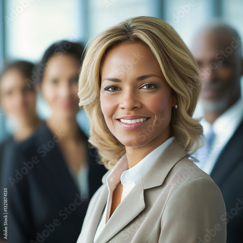 Confident businesswoman smiles, colleagues blurred in background.