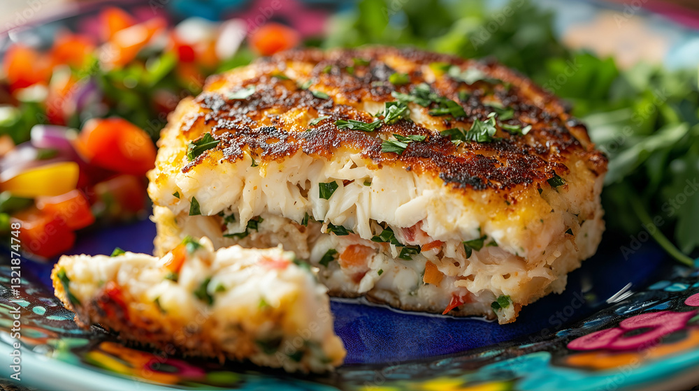 Golden brown crab cake with herbs