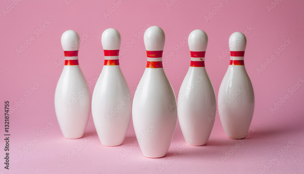 White bowling pins on pink background. Sport, leisure and competition theme. White bowling pins on pink background. Sport, leisure and competition theme.