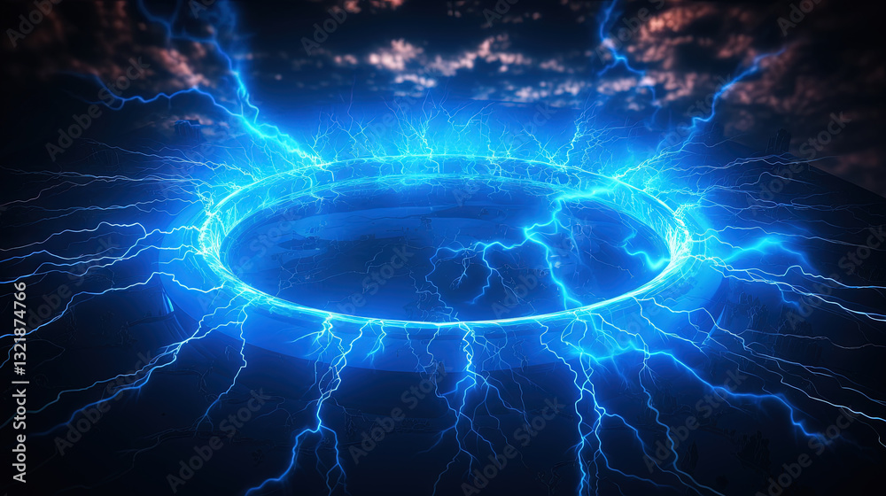 Glowing neon ring surrounded by dynamic blue lightning and energy bursts on a dark background Glowing neon ring surrounded by dynamic blue lightning and energy bursts on a dark background