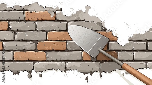 Removing mortar from a brick wall. A trowel is used to detach the mortar from the bricks photo