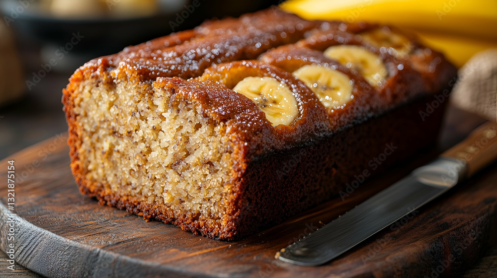 Moist banana bread with caramelized banana topping