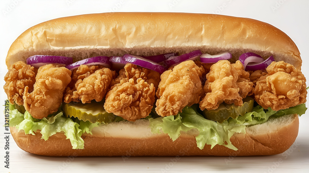 Crispy fried seafood sandwich with toppings