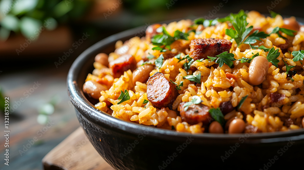 Spiced rice with sausage and beans